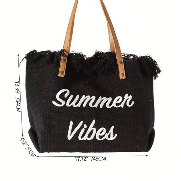 Black Casual Women's Large Capacity Fringed Canvas Tote Bag With Letter Design - Picture 2 of 3
